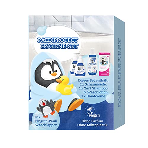 PAEDIPROTECT Set de higiene para el baño, 2x jabón en espuma, 1x 2en1 champú y loción de lavado, 1x crema de manos, 1x guante de lavado Pauli para la limpieza del cuerpo, ideal como caja de regalo