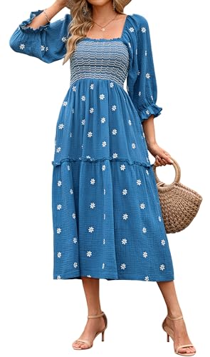 R.Vivimos Women's Long Sleeve Cotton Boho Midi Dress Vintage Square Neck Floral Embroidered Tiered Ruffle Flowy Pockets Dress