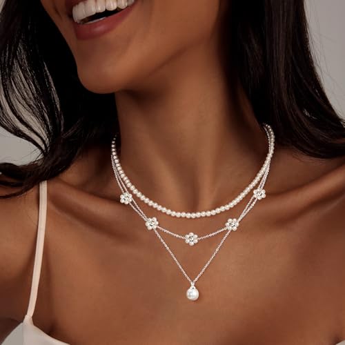 Image of Zeffy Gold Pearl Necklace for Women, Dainty 14K Gold /Silve Plated Layered Pearl Choker Pearl Earrings Pearl Bracelets Wedding Trendy Gold Jewelry Set for Women Gifts
