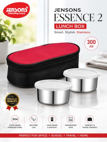 Image of JENSONS Premium Essence Stainless Steel Lunchbox 3pc Set (350ml x 2) Tiffin for Office, School & College with Food Grade Steel Leakproof & Dishwasher Safe
