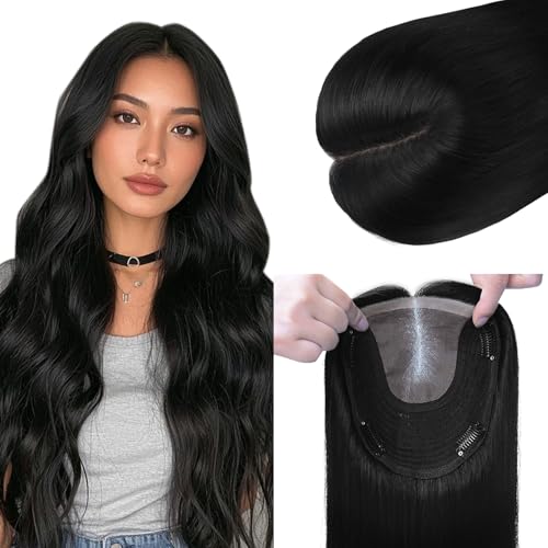 kolala HAIR Toppers for Women Real Human Hair Clip in Silk Base 150 Density 6x7inch 75 grams Jet Black Color 16inch all real huamn hair healthy for Women with Thinning Crown (#1 16inch)