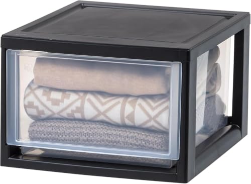 Image of IRIS USA 14.5 Qt. Plastic Drawer Storage Organizer Stacking Drawers, 3-Pack, Stackable Unit with Sliding Drawer for Clothes Bedroom Kitchen Under Sink Pantry Craft Room Bathroom Dorm Office, Black