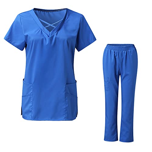 thuthu Damen Kasacks Set Kostüm Uniform Mit Kasacks Damen Pflege Set Oberteil Und Hose Slim Fit Einfarbig Kurzarm V-Ausschnitt Schlupfkasack+Schlupfhose 2-Teiliges Kasacks Set Cover