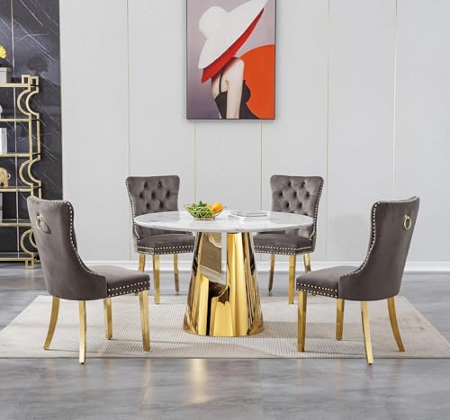 Image of 5-Piece Round Dining Table Set for 4, Modern Faux Marble Kitchen Table and Grey Velvet Chairs Set of 4, Luxury 45 inch Circle White Gold Dining Room Tables with Stainless Steel Base