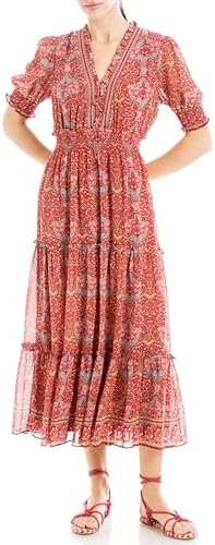 Max Studio Women's Smocked V-Neck Tiered Maxi Dress Size Small, Red Jungle  Lord: Buy Online at Best Price in UAE