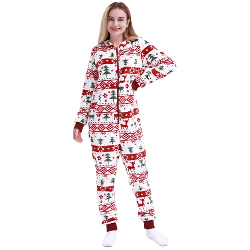 MAGICMK Women's & Men's Christmas Pajamas Hoodie Fleece Onesie Suit Full Zipper Jumpsuits with Pockets2