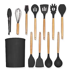 WILANG kitchen Utensils – 12 Pcs – Kitchen Utensils Set – Silicone Utensils for Cooking-446 Heat Resistant – kitchen Spoons for Cooking -BPA Free – Wooden Handles – kitchen Utensil Set (Black)