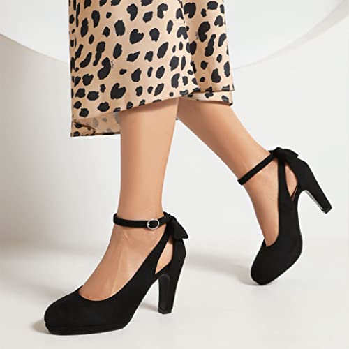 Elerhythm Women's Mary Jane Heels with Bow Retro Closed Round Toe Suede Ankle Strap Pumps Vintage Sweet Office Daily Dress Shoes4