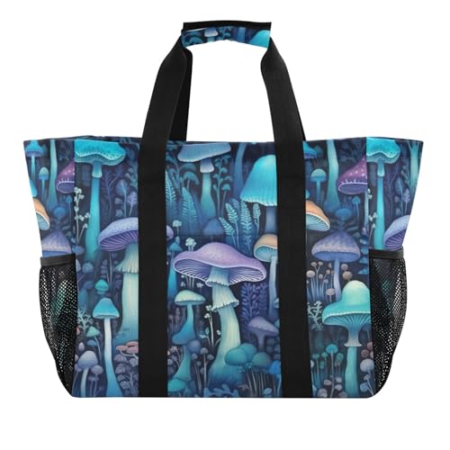 Grand sac de plage en toile imperméable bleu avec poches et motif champignon pour femme