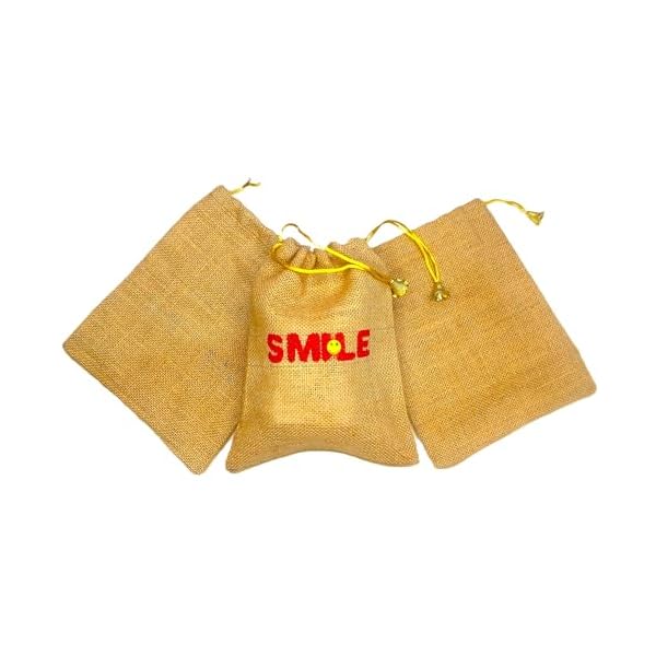 Rangarang Creations Handcrafted design jute potli bag for return gift, jute potli for women, jute linen pouches for diwali, gift bag for return gift, Jute bag, Pack of 1 (23 * 18) cm (Smile) - Image 6