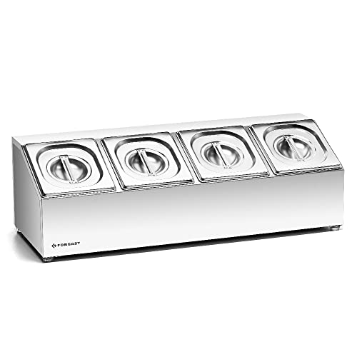 Forgast Espositore Gastronorm per 4 Contenitori GN 1/6 (Inclusi) da 10 cm di Profondità con Coperchi, Realizzato in Acciaio Inossidabile, Distributore Espositore Per Ingredienti, Piedini Antiscivolo