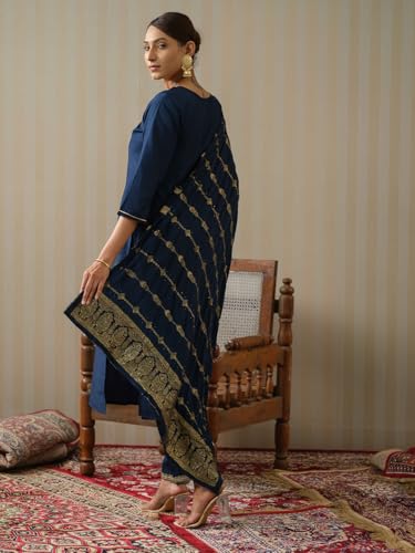 Image of Kaari Women's Embroidered Kurta Set with Pant & Dupatta | Ethnic Kurta Set for Women | Straight Fit | Round Neck | Festive, Wedding, Ceremony