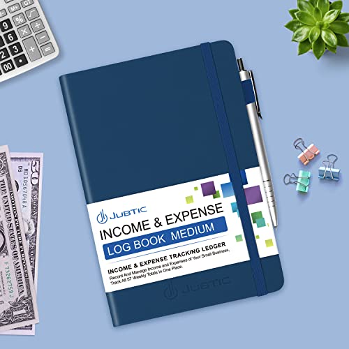 Jubtic Hardcover Income & Expense Tracker Notebook- Income & Expense Ledger Book Accounting Bookkeeping With Receipt Pocket Record Personal Finance & Small Business Account – A5 Size (Navy Blue) #TOP5