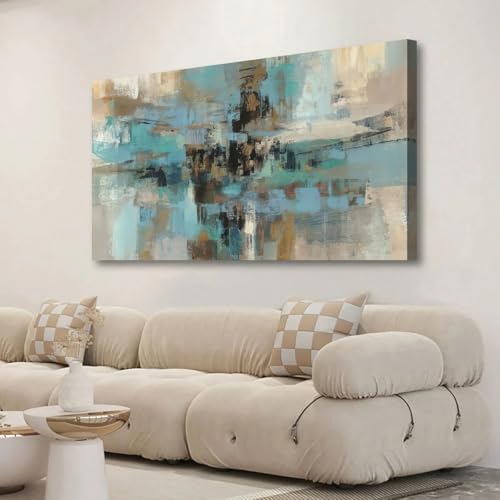 Toile abstraite bohème marron et bleu 50x100cm avec cadre intérieur pour salon - 2