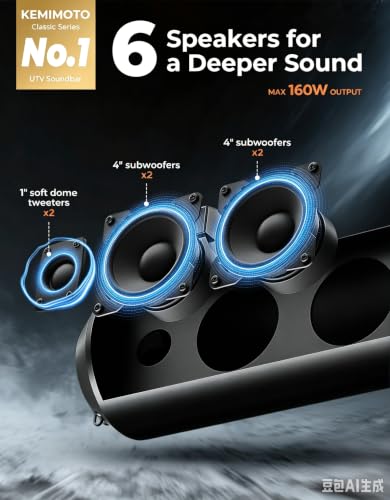 Image of KEMIMOTO UTV Sound Bar 28 Inch ATV Soundbar 4X Subwoofers 2X Tweeters BT-V5.0 Golf Cart Sound Bar Compatible with Polaris RZR Can-Am Defender X3 CFMOTO ZFORCE, for 1.56 inch- 2.25 inch Roll Cage