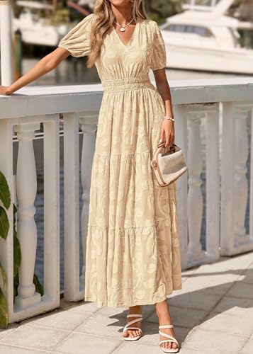 Image of KIRUNDO Summer Dresses for Women 2026 Boho Flowy Casual Short Sleeve V Neck Elastic Waist Floral Long Baby Shower Maxi Dress
