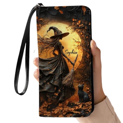 Personalized Witching Hour Is Here Women Leather Wallet, Vintage Nigth Witchy RFID Blocking Zip Wallet, Boho Witchcraft Lover Long Ladies Clucth Wristlet, Custom Name Gift for Wicca Halloween (Witch)