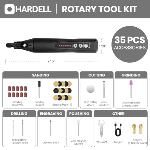HARDELL 4V Akku Multifunktionswerkzeug Kit, 18000 RPM 6-Gang Rotationswerkzeug, 2000mAh Wiederaufladbarer Akku, 35 Stück Zubehör für Schleifen, Gravieren, Schleifen und kleine Heimprojekte(Schwarz)