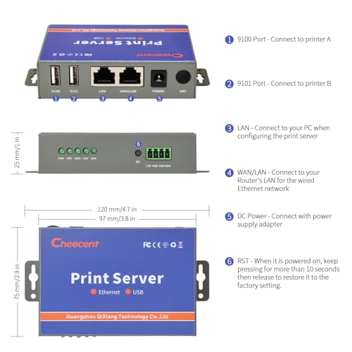 Network Ethernet to USB Print Server (NOT Plug&Play), Non-WiFi Version, 2 Port Print Server for USB Printer, Convert USB Printer to Ethernet Networking - Windows Mac Linux Compliant - CR102