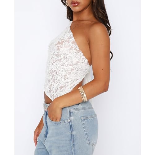 Women One Shoulder Lace Top Irregular Hem Backless Crop Tops See Through Sheer Tank Tops Going Out Clubwear2