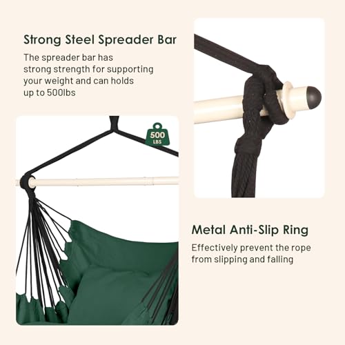 Image of Highwild Hammock Chair Hanging Rope Swing - Max 500 Lbs - 2 Cushions Included - Steel Spreader Bar with Anti-Slip Rings - for Any Indoor or Outdoor Spaces (D- Cushions Included-Green)