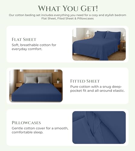 Image of ROYALE LINENS 100% Organic Cotton King Sheet Set - 16 inch Deep Pocket Bed Sheets - Eco Friendly Navy Bed Sheets - Sabanas King - 1 Flat, 1 Fitted & 2 Pillowcases - Navy Sheet Set - Cotton Bedding Sets