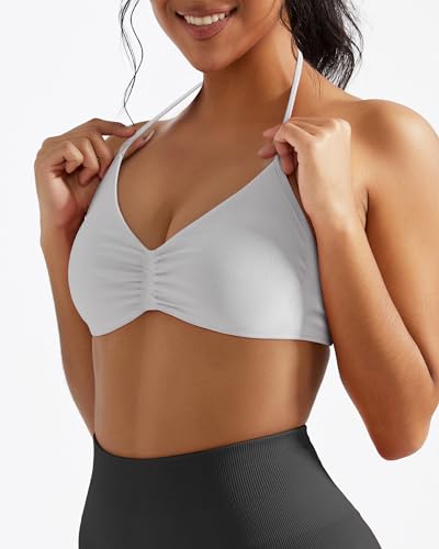Image of OMKAGI Halter Sports Bras for Women Padded Strappy Bra Open Back Workout Gym Crop