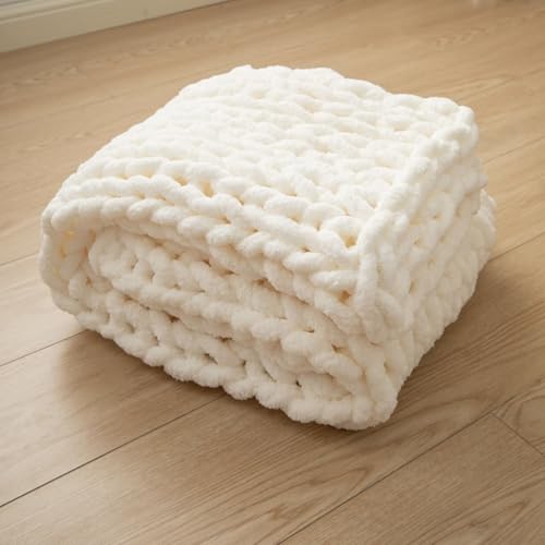 Wttfc Chunky Knit Blanket Throw - Soft Chenille Yarn Knitted Blanket -Machine Washable Crochet Blanket - Handmade Cable Knit Throw Blanket for Couch, Sofa and Bed,Cream White,100x200cm