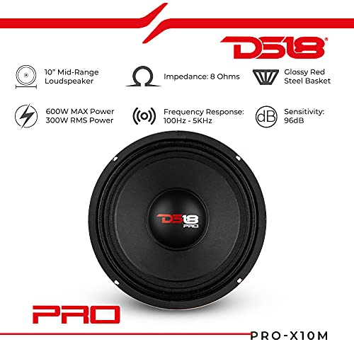 Ds18 Pro-X10M Loudspeaker - 10", Midrange, Red Steel Basket, 600W Max, 300W Rms, 8 Ohms - Premium Quality Audio Door Speakers For Car Or Truck Stereo Sound System (1 Speaker), Classic #TOP1