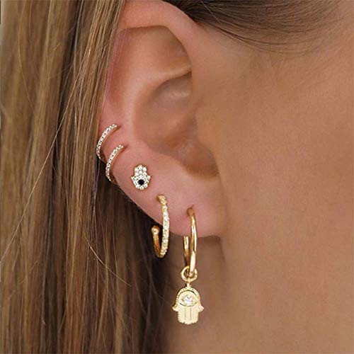 Evil Eye On Palm Mini Cute Cubic Zirconia Stud Earrings For Women Little Girls 925 Sterling Silver Delicate Mystic Hamsa Hand Of Fatima Cartilage Tragus Post Studs Dainty Birthday Gifts (Gold) #TOP4