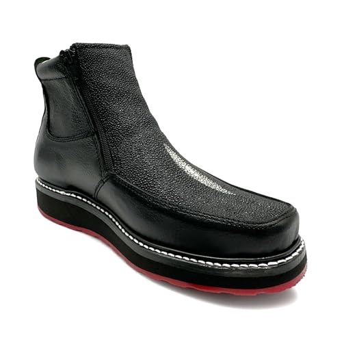 Men’s Black Leather Square Toe Short Ankle Stingray Print Embossed Cowboy Boot