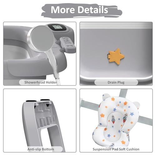 Image of Collapsible Baby Bath Tub for Newborn to Toddler with Floating Cushion for Bath Support, Portable Baby Bath Tub with Real-Time Temperature Monitor, Baby Bath Essentials, Gray