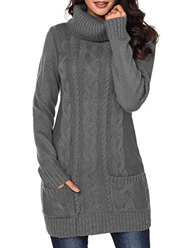 Itsmode Damen Pullover Kleid Lang Strickpullover Warm Winterkleid Elegant Strickkleid Casual Langarm Warmkleid Einfarbig Rollkragen Jumper Warme Wickelkleid Cover