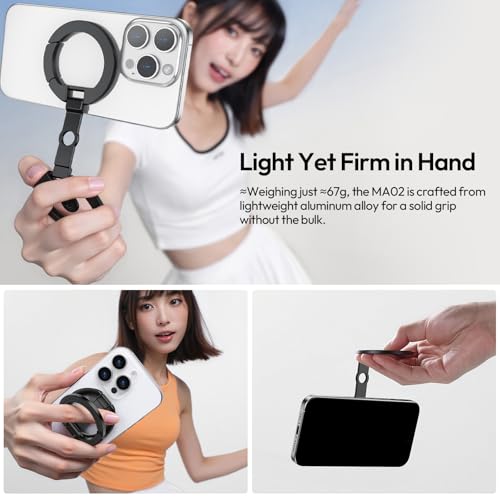 Image of ULANZI MA02 Dual Magnetic Ring Phone Grip Stand, Aluminum for MagSafe Gym Kickstand Compatible with iPhone 17-12 Series, Foldable Phone Tripod Mount with 1 /4 inch Screw for Live Streaming Vlog, Silver