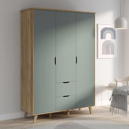 Forte VANKKA Kleiderschrank 140, Schrank mit 3 Türen und 2 Schubladen, Holzwerkstoff, Planked Eiche Dekor/Salbei, 139,4 cm breit, 201,5 cm hoch, 52,7...