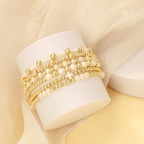BROCC 6PCS Gold Beaded Anklet for Women Pearl And 14K Gold Bead Anklet Stackable Stretch Beads Jewelry Sets3