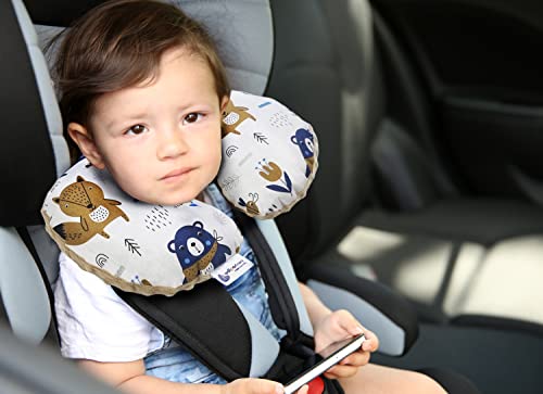 Medi Partners Nackenkissen Kinder Nackenhörnchen Auto Flugzeug Baby - 100% Baumwolle/Minky Nackenstütze Kopfstütze Kindersitz Autositz Nackenrolle Kissen (Boho Animals mit beigem Minky)
