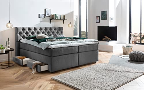 Belanoti ® Lara Boxspringbett 180x200 mit 4 Schubladen Stauraum Bett 180x200 mit Bettkasten in der Farbe Dunkelgrau H2/H3 Chesterfield Kopfteil 7-Zonen Taschenfederkern Matratze inkl. Visco Topper – Bild 3