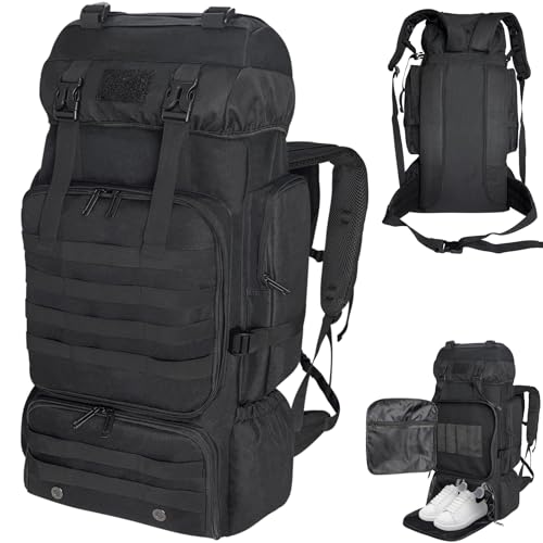 Ogetok 80L Hiking Backpack Camping Rucksack With Shoe Pocket, 80 liters Large Capacity Outdoor Knapsack Travel Climbing Mountaineering Trekking Carry On Bag Backpacking for Men Women, Black