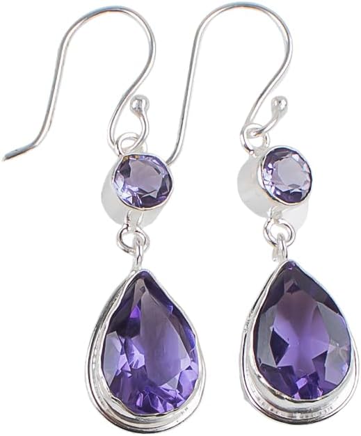 Natural Semi Precious Gemstone 925 Solid Silver Drop & Dangle 10x14MM Pear & 6MM Round Dual Gemstone Earrings Handmade Women Jewelry for All Occasion