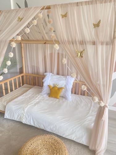 Baby Fancyroom Juego de decoración para cama de casa, dosel, dosel, color beige, para habitación infantil, dosel, guirnalda de pompones de tul premium para camas de casa (cielo + 5 mariposas doradas,