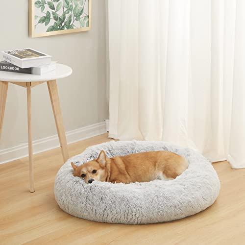 Image of Bedfolks Calming Donut Dog Bed, 30 Inches Round Fluffy Dog Beds for Medium Dogs, Anti-Anxiety Plush Dog Bed, Machine Washable Pet Bed (Light Grey, Medium)