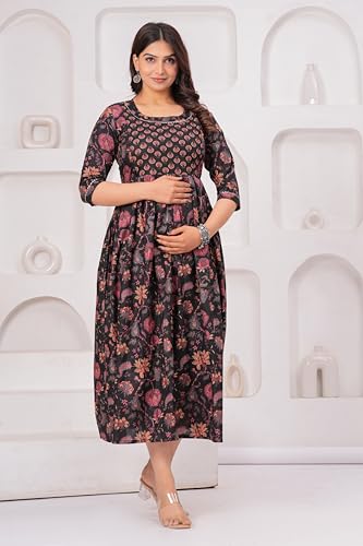 Image of The Moon Star Women's Cotton Floral Printed Anarkali Maternity Feeding Kurti | Breastfeeding Dress for Mothers | Zipper Feeding Kurti, Nursing Kurti, Comfortable and Trendy Maternity Wear