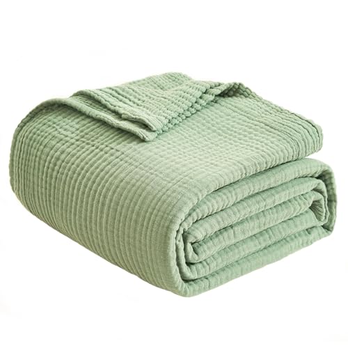EMME Cotton Blanket Queen Size for Bed Soft Large Muslin Bed Blankets 90"x90" Lightweight Breathable Blanket Bedspread All Season Gauze, Sage Green