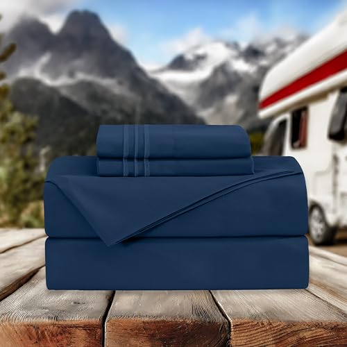 Image of Elegant Comfort Luxurious 1500 Premium Hotel Quality Microfiber Three Line Embroidered Softest 4-Piece Bed Sheet Set, Wrinkle and Fade Resistant, RV Short Queen, Navy