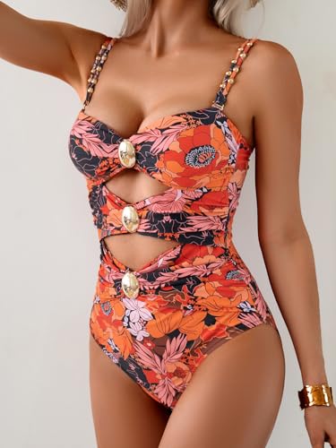 Image of B2prity Cutout One Piece Swimsuit Tummy Control Ruched Monokini Color Block Bathing Suit for Cruise Vacation