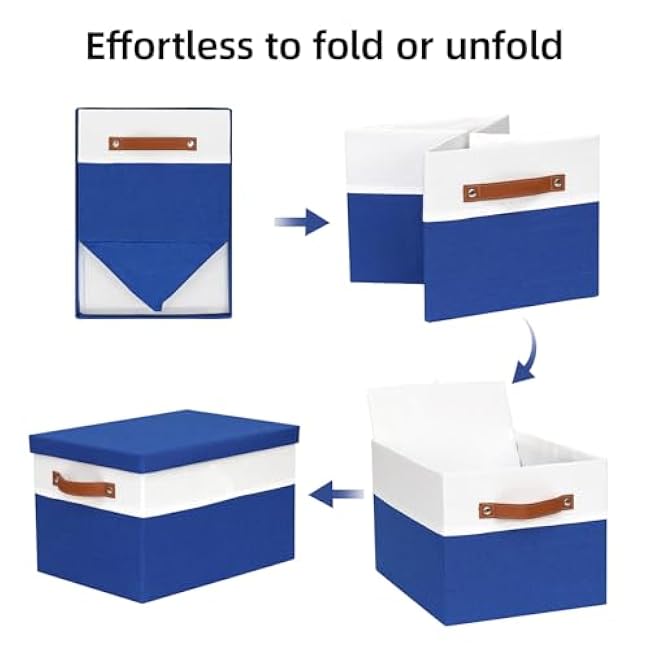 Fabric Storage Bins with Lids, 15x11x9.5 Inch Collapsible Organizer Baskets for Shelves, Closets, Storage Rooms, Home Decor, 2 Pack, White & Blue