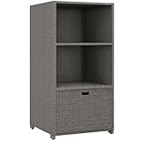 Outsunny Valet Pool Towel Rack, Waterproof PE Plastic Rattan Wicker Storage Organizer, Indoor Outdoor Spa, and Hot Tub Accessory Storage, 2 Shelves, 1 Basket Drawer, Mixed Gray