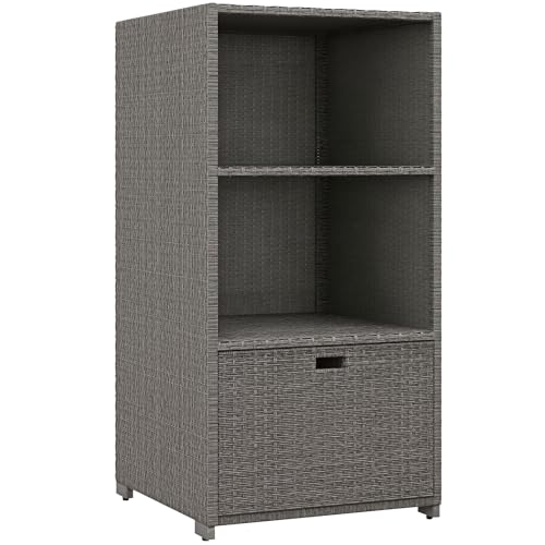 Outsunny Valet Pool Towel Rack, Waterproof PE Plastic Rattan Wicker Storage Organizer, Indoor Outdoor Spa, and Hot Tub Accessory Storage, 2 Shelves, 1 Basket Drawer, Mixed Gray