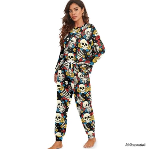 Image of Womens Lounge Set Long Sleeve Soft Pajama Sets | Casual 2 Piece Pj Outfit, Crewneck Sleepwear with Pockets, Adjustable Drawstring, Soft Comfy Fall Pajamas, Plus Size
